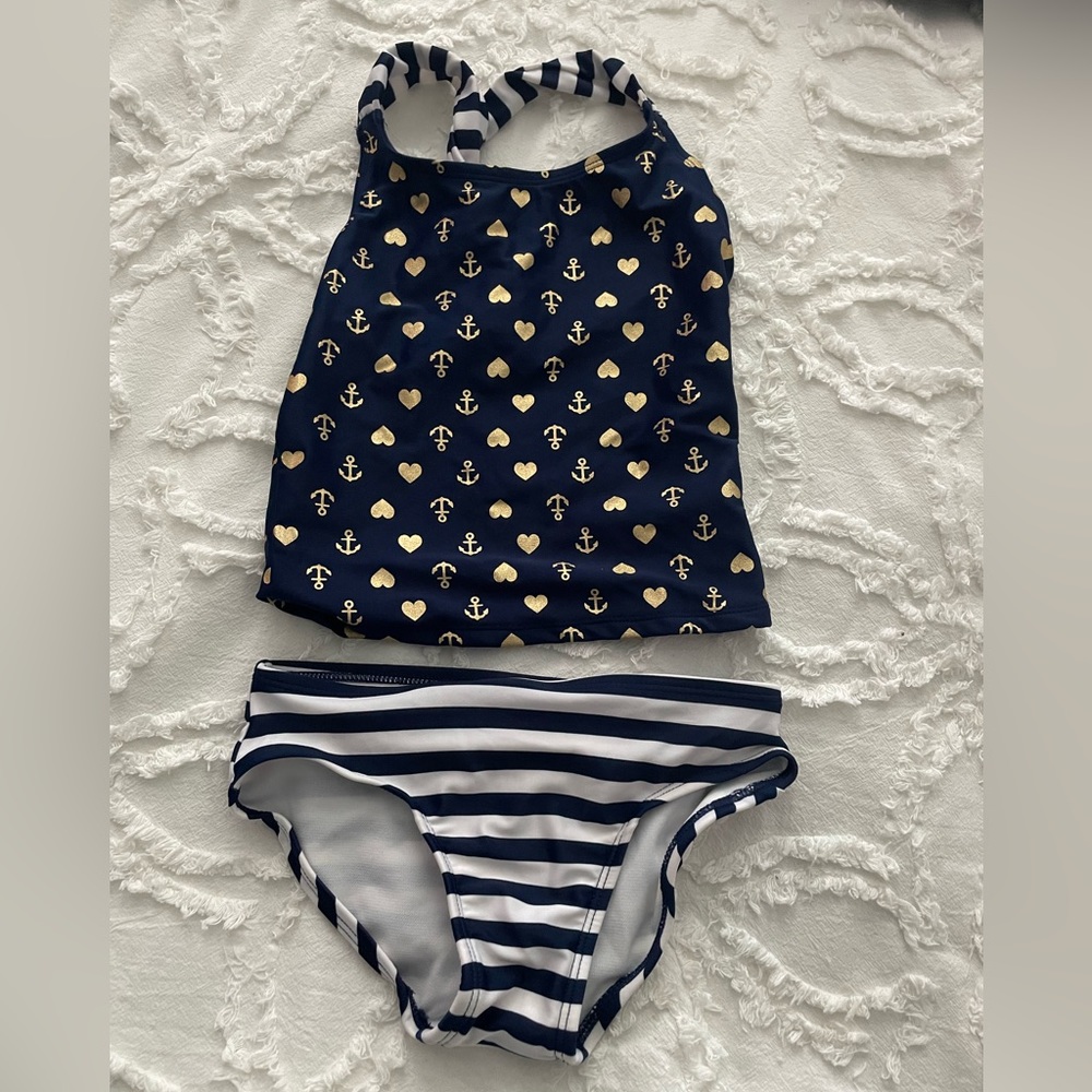Girls Navy Blue Striped 2 Piece Sail Swimsuit, Small